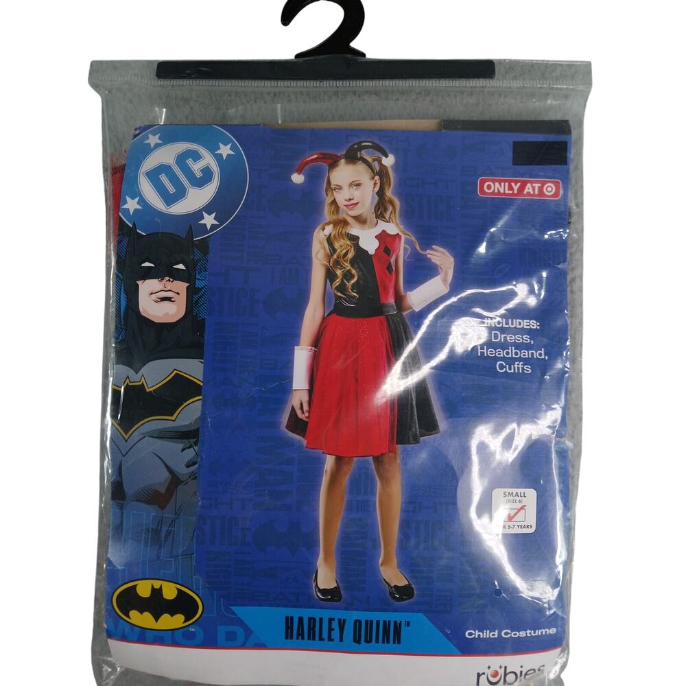 DC Harley Quinn Costume Girls Small (6) Batman Dress Headband Cuffs NWT